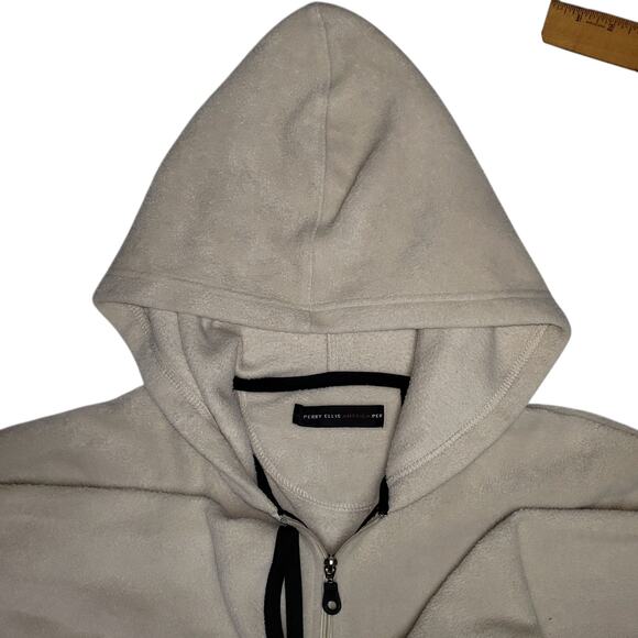 Perry Ellis Beige Fleece Hoodie Jacket L/G – Zip Up, Kangaroo Pocket, Logo - Picture 5 of 10